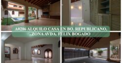 A0286 ALQUILO CASA EN BARRIO REPUBLICANO, ZONA AVDA. FÉLIX BOGADO